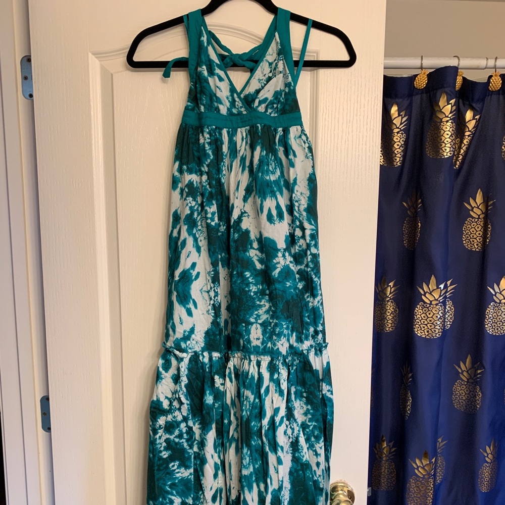 Teal tie-dye maxi halter dress